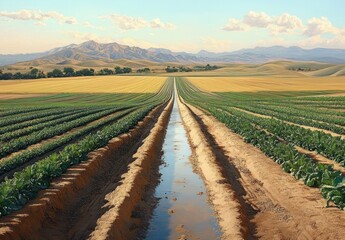Expansive irrigated farmland with straight crop rows and a central water-filled furrow leading to golden fields and distant mountains under a calm blue sky, serene and peaceful