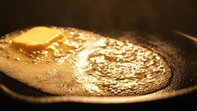 Butter melting in a hot pan, creating golden bubbles and steam. Close-up, warm tones and textures