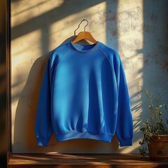 blue crewneck sweatshirt hanging on wooden hanger against textured sunlit wall with potted plant on a wooden ledge, warm shadow patterns and a calm cozy morning mood