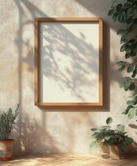 Empty wooden frame on textured plaster wall casting leafy shadows, potted plants on wooden floor in a warm sunlit tranquil interior