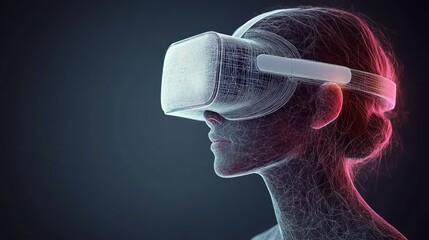 Wireframe female profile wearing a virtual reality headset with neon cyan and magenta mesh lines, conveying focused immersion and futuristic exploration