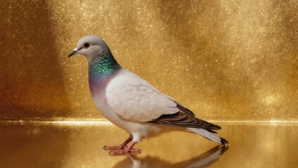 Fototapeta premium A pristine white pigeon with iridescent neck feathers stands against a shimmering gold backdrop