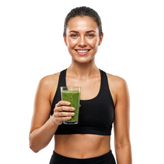 Healthy athletic woman holding a glass of vibrant green smoothie, smiling warmly on an isolated transparent background.
