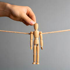 the human hand holds a wooden doll on the clothes