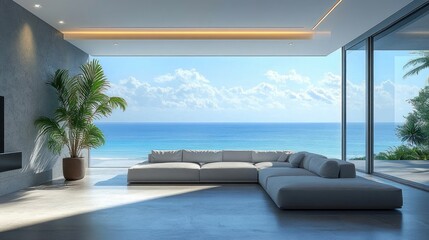 Minimalist modern living room with low sectional sofa, floor-to-ceiling glass walls and sliding doors opening to a turquoise ocean horizon, potted palm, soft sunlight and serene calm atmosphere