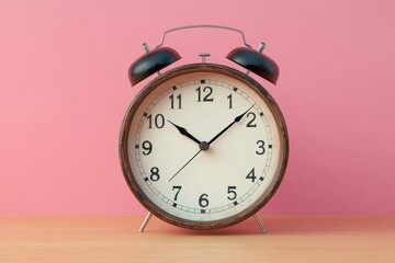 vintage twin-bell alarm clock on wooden table against soft pink background, evoking nostalgic cheerful morning calm