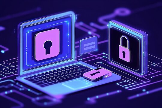 glowing neon laptop, tablet and smartphone displaying padlock icons on a digital circuit board conveying secure futuristic protection - Powered by Adobe