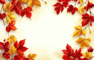 warm autumn border of red and golden leaves and vines framing a blank parchment center, cozy seasonal fall decoration
