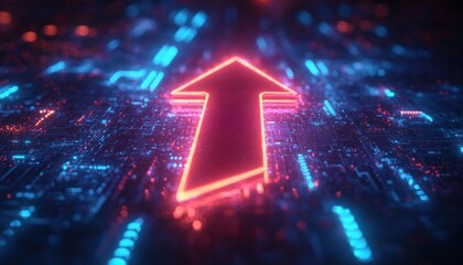 Neon arrow glowing upward on a futuristic circuit board with blue and red lights, digital grid and bokeh, conveying momentum, progress and high-tech energy
