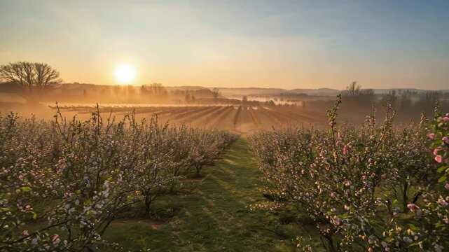 Sunrise orchard blossom mist over rolling vineyard rows with warm golden light