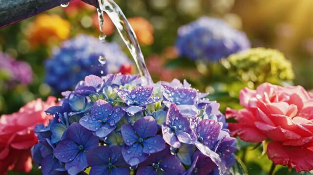 Watering Hydrangeas in a Lush Garden Setting