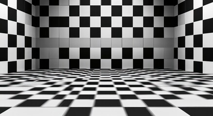 Empty black and white checkerboard tiled room with square tiles on walls and floor, strong perspective and high-contrast lighting creating a disorienting, hypnotic atmosphere