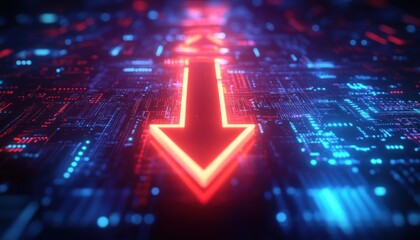 Glowing red neon downward arrow on a futuristic circuit board with blue illuminated data lights conveying urgency and high-tech motion