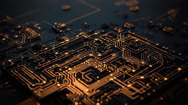 Glowing circuit board trace with gold highlights on dark electronic substrate futuristic pattern