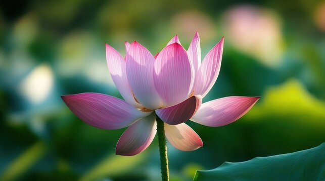 delicate pink lotus flower in full bloom with soft sunlight and blurred green background evoking serenity and calm - Powered by Adobe