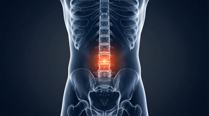 Human Anatomy, Revealing Lumbar Spine Pain with a Glowing Highlight, a Detailed Medical Illustration of the Skeletal System on a Dark Background