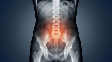 Lower Back Pain, a human X-ray image illustrating the spine and pelvic bones, with a highlighted area of discomfort