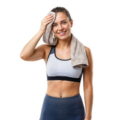 Refreshed athletic woman wiping sweat with a towel after an intense workout, smiling happily on an isolated transparent background.