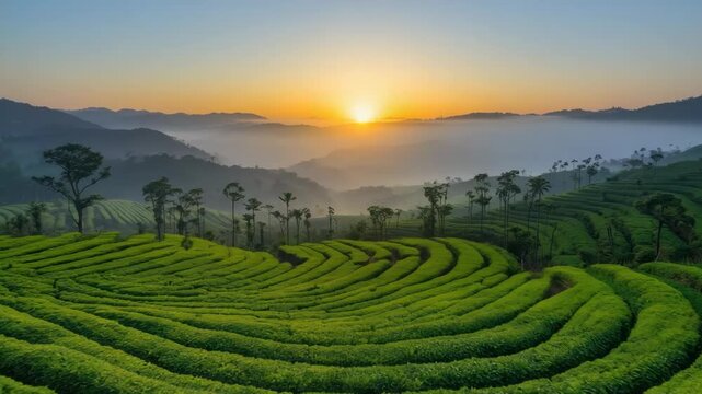 Sunrise tea plantation misty hills morning glow tranquil rolling green terraced field with mist