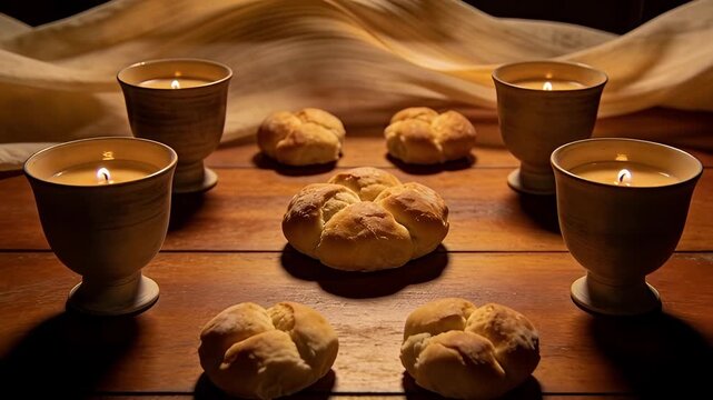 Candles and Bread on a Wooden Table A Warm and Inviting Scene.