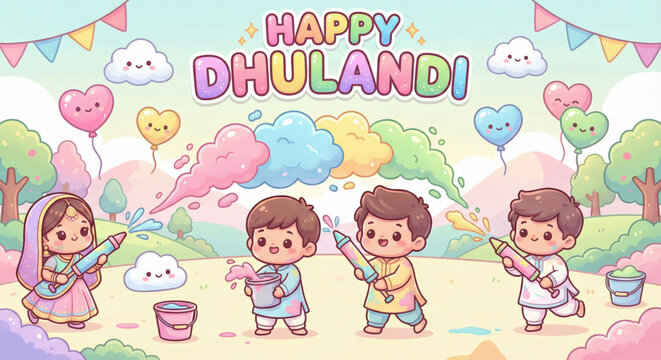 Cute cartoon illustration of children celebrating Dhulandi with colors, balloons, and Holi elements festival