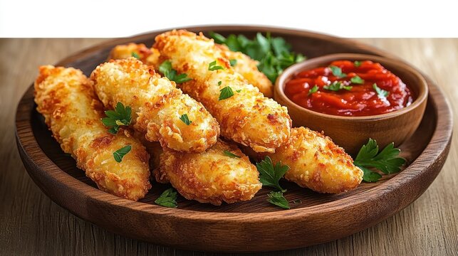 golden crispy breaded chicken tenders on a wooden plate with parsley and a bowl of red dipping sauce, appetizing rustic comfort snack