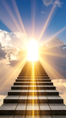 Surreal stone staircase leading into a radiant glowing doorway in the sky, symbolizing ambition, success, transition, hope, and the journey toward a bright and unknown future.