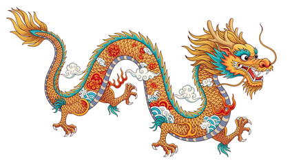 Vibrant illustration of a traditional Chinese dragon with intricate details and swirling clouds, symbolizing power and good fortune