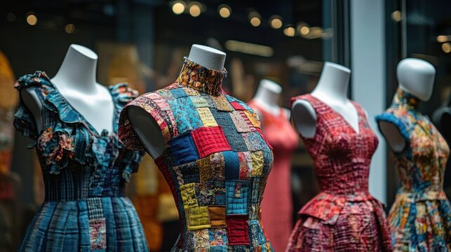 Colorful patchwork quilted dress on a mannequin among patterned and ruffled dresses in a softly lit boutique window, evoking an elegant nostalgic mood