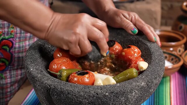 Preparing Traditional Mexican Salsa in Molcajete.
