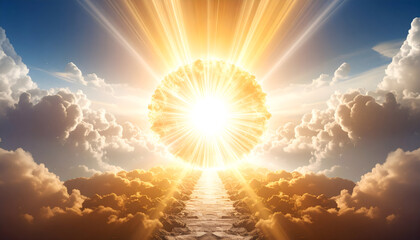 A surreal glowing sphere radiates warm light above a cloud pathway, creating a dreamlike atmosphere of wonder, imagination, and futuristic fantasy scenery.