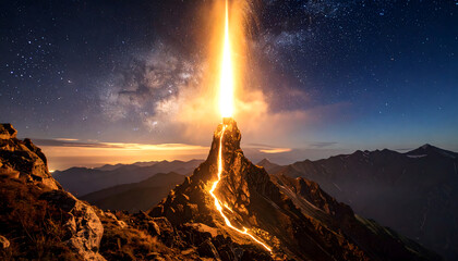 A dramatic night landscape showing a glowing beam of light rising from a mountain peak under a star-filled sky, symbolizing power, mystery, and epic natural energy.