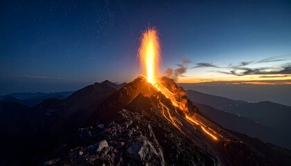 A volcanic burst of golden light erupts from a mountain summit at twilight, casting glowing lava-like trails across rocky terrain in a dramatic and otherworldly scene.