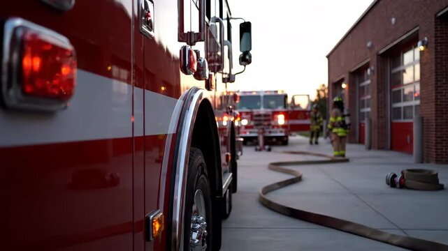 Close up of a red firetruck with white stripes parked outside a brick fire station at dusk with firefighters in gear and hoses on the ground.