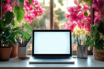 Cozy sunlit home workspace with open laptop on white desk framed by potted green plants and vibrant pink flowering vines outside the window, calm and inspiring mood
