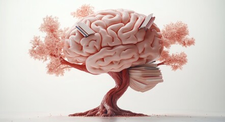 brain-shaped tree with open books and a stack of books tucked into a twisted wooden trunk, delicate pink foliage on a pale background, inspiring and contemplative mood