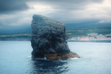 Solitary towering sea stack rising from calm ocean near a coastal town under a dramatic cloudy sky, moody and isolated atmosphere