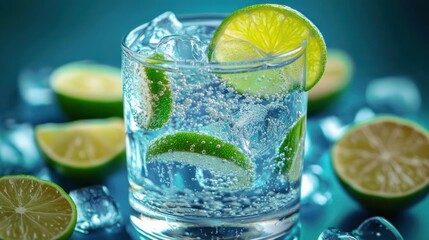 Close-up of a chilled glass of sparkling water with ice cubes and vibrant lime slices on a cool blue background, bubbling condensation evokes a crisp, refreshing feeling