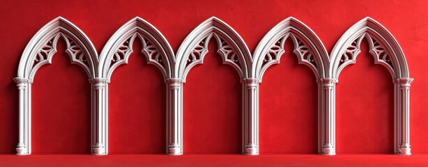 row of five ornate white gothic arches and fluted columns against a bold red wall conveying elegance and dramatic contrast