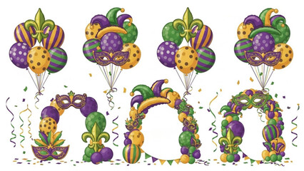 Mardi gras decorations with colorful balloons and masks on white background for festive events and celebrations