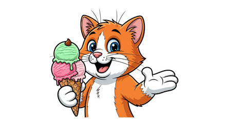 Happy orange tabby cat holding a large ice cream cone with two scoops of delicious flavor sweet dessert animal character cartoon illustration