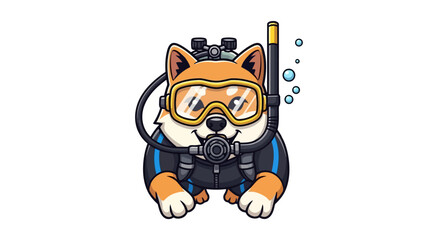 Cute shiba inu dog wearing scuba diving gear with mask snorkel and oxygen tank underwater exploration animal character cartoon illustration
