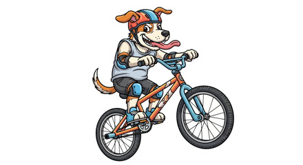Cute cartoon puppy dog character riding bmx bicycle wearing helmet and elbow knee pads with tongue out isolated white background