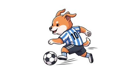 Cute cartoon shiba inu puppy dog character playing soccer kicking ball wearing blue striped jersey with number ten shorts isolated white background