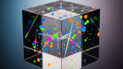 Abstract crystal cube with vivid color bursts captivating depth and reflective facets visual