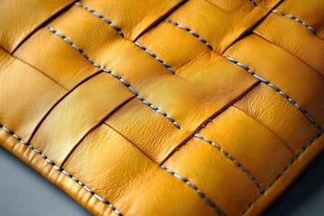 Naklejka premium Close-up of woven mustard yellow leather with visible dark stitching in a padded basketweave quilt pattern conveying warm tactile luxury and handcrafted craftsmanship
