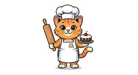 Cute cartoon cat chef holding rolling pin and cake with cherry on top, depicting adorable culinary character wearing chef hat and apron ready to bake