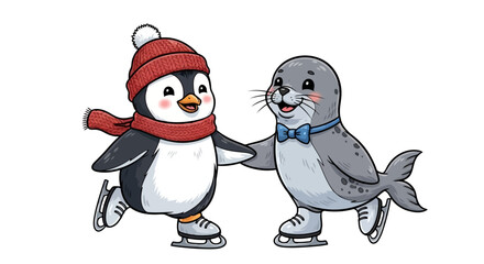 Adorable cartoon penguin and seal characters ice skating together, cute animals wearing winter hats and scarves, joyful duo enjoying cold weather activity on ice rink