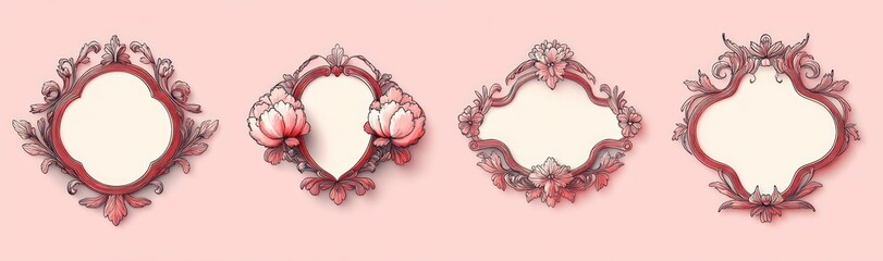 Four ornate floral frames with cream centers on a soft pink background, elegant romantic decorative borders with blooming flowers, leaves and delicate pastel ornamentation