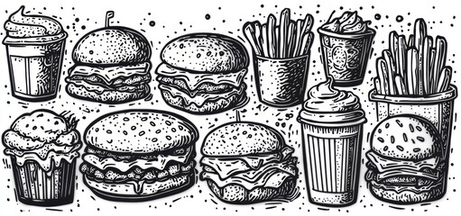 black and white hand-drawn assortment of burgers, french fries, milkshakes, cups and cupcakes with playful indulgent mood